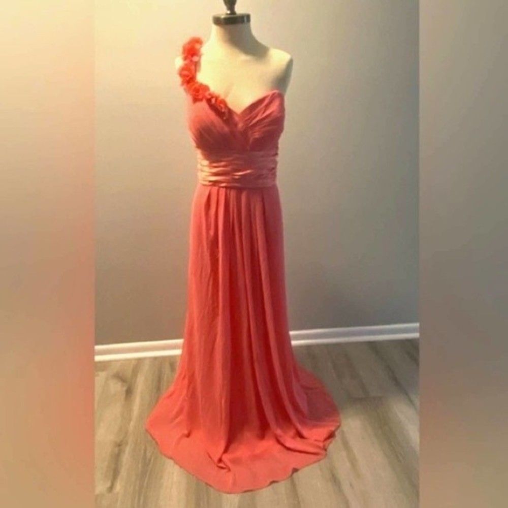 Pink Coral Chiffon Floor Length One Shoulder Bridesmaid/Prom Dress - Sz 18
